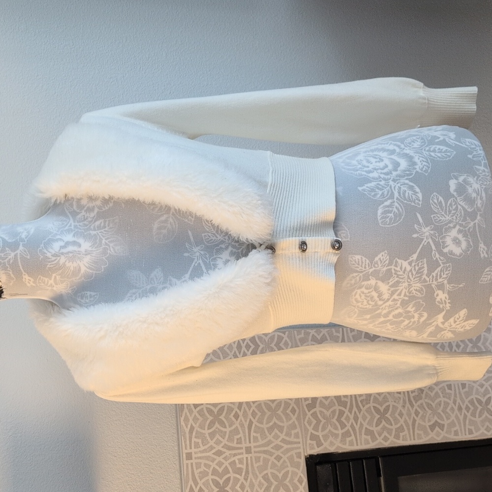 My Michelle Cream Cardigan with Faux Fur Trim